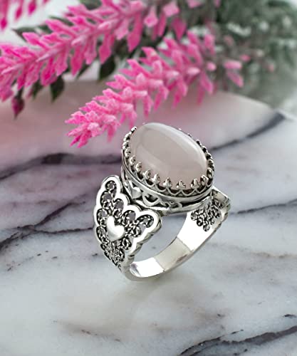 Filigranist 925 Sterling Silver Handcrafted Filigre Art Double Heart Detailed Women Cocktail Ring with Gemstones - color: Rose Quartz