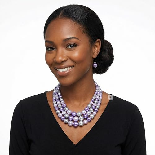 Simulated Pearl Necklace & Earring Set, Multi Strand - color: Lavender Mix