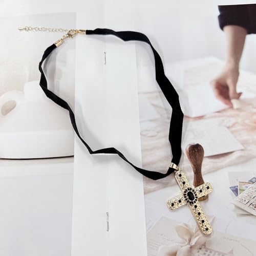 Gothic Velvet Choker Black Rhinestone Cross Pendant Necklace for Women Punk Vintage Suede Ribbon Collar Cubic Zirconia Crucifix Charm Adjustable Halloween Party Witch Cosplay Accessories Goth Jewelry