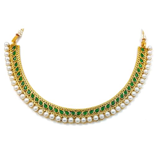 Aheli Ethnic Faux Kundan Pearl Fancy Bridal Choker Necklace Indian Traditional Bollywood Jewelry Set with Earrings Gift for Women - color: Green & White