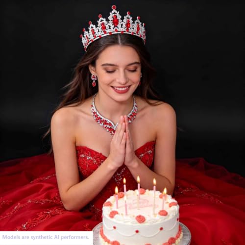 Kamirola Bridal Wedding Tiara Crown Jewelry Set for Women/Brides/Bridesmaids Crystal Jewelry Set for Wedding Prom Party Bridal Crystal Necklace Earrings Bracelet Set(TR60) - color: Silver Red