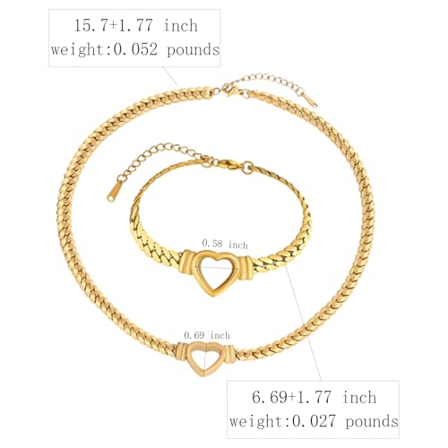 Chunky Flat Curb Chain Necklace and Bracelet Set, Gold/Silvery Stainless Steel Hollow Heart Pendant Jewelry for Women, Valentines Wedding Gift - color: Gold