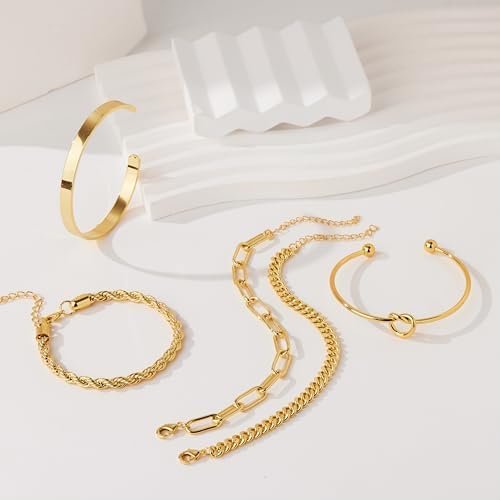 Gokeey Sterling Silver Cuff Bangle Bracelet Set for Women Waterproof, Non Tarnish S925 Silver Chunky Cuban Link Chain Heart Love Infinity Tie Knot Paperclip Beaded Twist Rope Silver Bracelets Fashion Jewelry Gifts Set - color: Gold-Stackable Bangles set