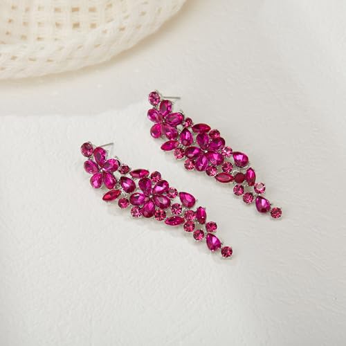 EleQueen Statement Sparkle Crystal Necklace Bracelet Dangle Earrings Set for Women, Art Deco Prom Chandelier Jewelry for Wedding Bridal - color: Hot Pink-Silver-Plated-Base