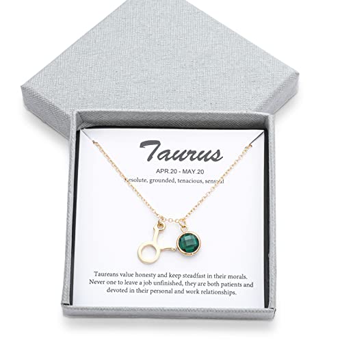 14k Gold Plated Zodiac Birthstone Crystal Pendant Necklace, Horoscope Sign Charm Necklace for Women Birthday Gift - color: Taurus-May