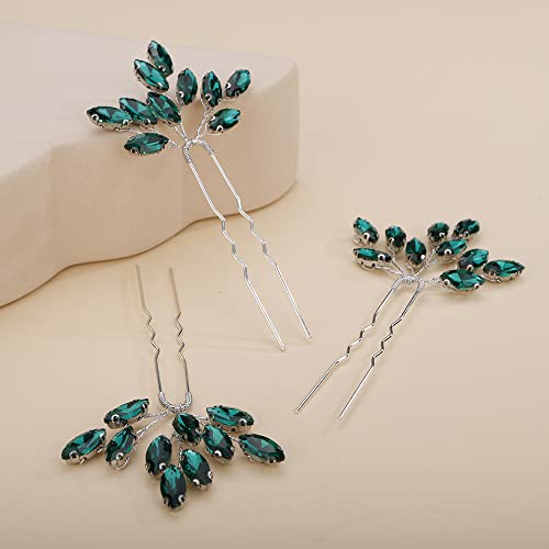 Teyglen 3pcs Bridal Crystal Hair Pins Rhinestones Hair Pieces Simple Crystal Wedding Hair Accessories Handmade Hair Pins for Women Bride Girls (Green-Silver) - color: Green-Silver
