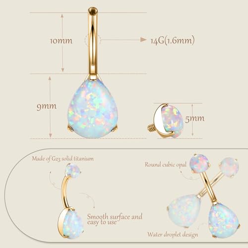 AROWRO Belly Button Ring Titanium Gold Sliver Hypoallergenic 14G Belly Button Piercing 10mm Barbell Belly Rings for Women With Opal - color: Gold+White Opal