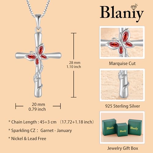Cross Necklace for Women 925 Sterling Silver Butterfly Necklace Birthstone Pendant Created Gemstone Jewelry Gifts for Women - color: 01 January - Garnet