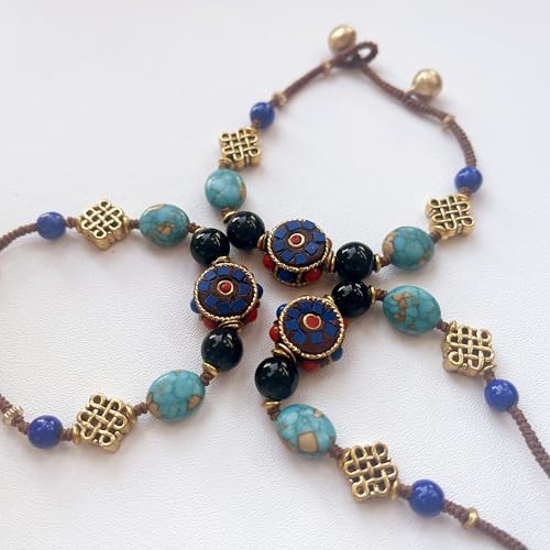 Petite Adjustable Boho Bracelet for Small Wrists 6-7.5 Inch - Handmade Nepalese Buddhist Prayer Bracelet with Elephant Charm, Brass Bell, Turquoise Stone & Tibetan Mantra Beads, Spiritual Lucky Gift - color: Colorful-2Pcs