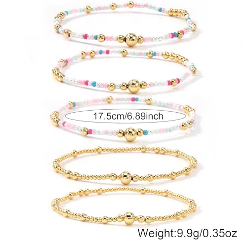 14K Gold Plated Beaded Bracelets Stack Set for Women,Stretch Boho Ball Jewelry Friendship Trendy - color: Pink ball