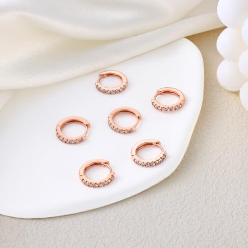 micuco 3 Pairs Small Hoop Earrings Tiny Cartilage Earrings for Women Men | Cubic Zirconia Earrings Huggie Hoop Ear Piercing Earrings for 8mm 10mm 12mm - color: 12# Rose Gold 10-10-10mm