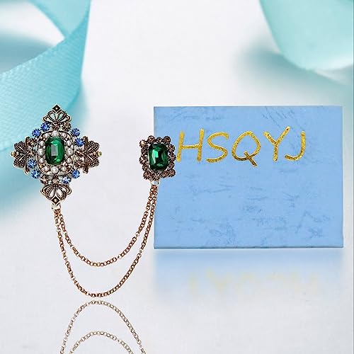 Retro 14k Gold Plated Chain Green Crystal Brooches Collar Pins Crystal Rhinestone With Hanging Chain Suit Shirt Lapel Brooch Pin Fashion Jewelry for Men Boy (Green Rectangle)