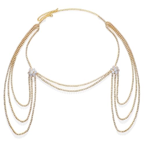 Rhinestone Tassel Wedding Backdrop Chain - Crystal Flower Shoulder Chain Necklace - Bridal Multi-Layered Body Chain Jewelry for Women - color: Gold