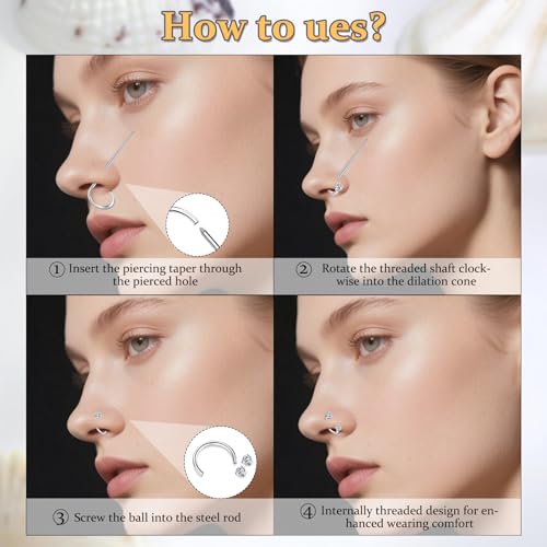 Longita 20g Nose Rings Hoop L Shape Nose Studs Stainless Steel Nose Screw Bone Flat Top Diamond Opal Heart High Nostril Piercing Jewelry Silver Rose Gold Black Pack for Women Men - color: C4- Horseshoe Ring 18g 6mm 7mm- silver 4pcs