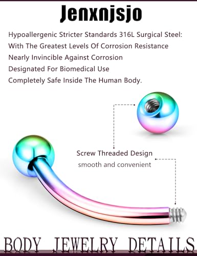 Jenxnjsjo 16g 6/8/10/12mm Silver/Gold/Black Eyebrow/Rook/Snug/Vertical-Labret/VCH/Snake-Eyes/Anti-Tragus/Christina/Daith/Belly-Button/Bridge/Hood/Surface Curved Barbell Piercing Jewelry for Women Men - color: Silver & Rainbow