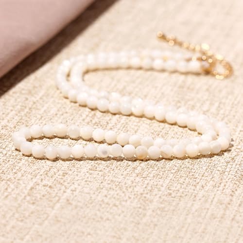 Simple 4mm Gemstones and Crystals Choker Necklace Unisex 16"-18" | Necklaces for Women Men, Adjustable, 40-45 cm Chain Length, Handmade, Spiritual Gemstones, Positive Energy, Daily Wear - style: White Shell