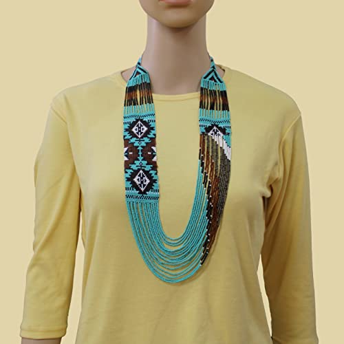 Handmade Native American Style Tribal ethnic Seed Bead Beaded Layered Medallion Necklace - color: Turquoise