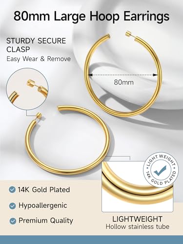 PROSTEEL Chunky Hoop Earrings for Women 14K Gold Plated/Black/Silver | 20/30/40/50/60/70/80mm Stainless Steel Thick Big Round Hoop with Waterproof and Non Tarnish Trendy Jewelry with Gift Box - color: 2. Gold, size: 80MM