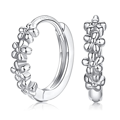 Sterling Silver Hoop Earrings for Women, Dainty Small Huggie Hoop Earrings | Hypoallergenic Daisy Color Cubic Zirconia Flower Hoops Earring Jewellery Gifts for Ladies Birthday Wedding, 12mm Hoop - color: Silver