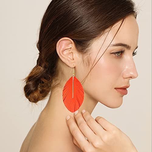YUNXI Large Genuine Soft Leather Handmade Fringe Feather Lightweight Leaf with Simple Drop Metal Bar Tear Drop Dangle Color Earrings for Women - color: Orange