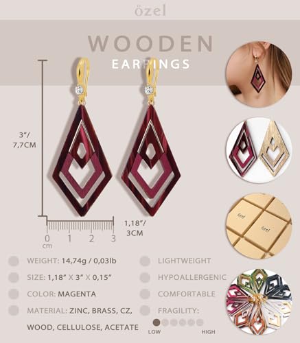 Ozel - Natural Wooden Acrylic Boho Drop Dangle Earrings for Women - Geometric Statement Jewellery - Brown, Black, Magent Red, Olive Green, White beige - color: Diamond_Magenta