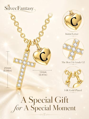 14K Gold Cross Necklace for Women Initial Letter Pendant Necklaces for Women, 14K Gold Dainty Simple Monogram Alphabet Necklace with Cable Chain, Birthday Gifts for Women - style: 14K Gold C