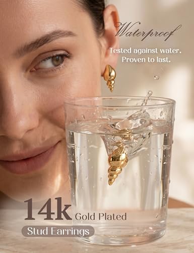 Chunky Gold Stud Earrings for Women Sterling Silver Earring Hypoallergenic | Non Tarnish 14K Gold Plated 925 Silver Posts for Sensitive Ears,Knot Statement Dangle Earrings Gold Jewelry Gifts Lightweight - color: gold plated-little conch