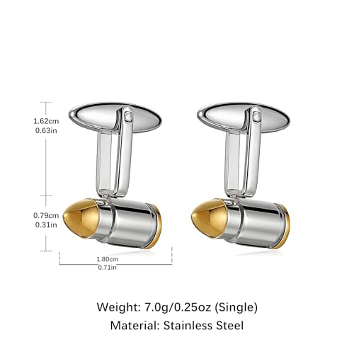 HZMAN Bullet Cufflinks for Men, Stainless Steel Two-Tone High Polished Novelty Cuff Links, Dress Shirt Accessories for Wedding Business Party