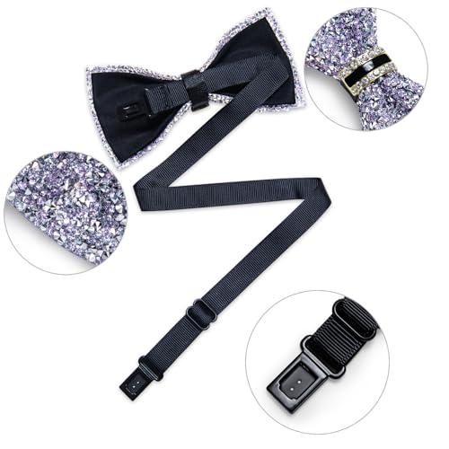 DiBanGu Mens Rhinestone Bow Tie with Ring and Lapel Pin Set | Adjustable Strap,Pre-tied Style,3PCS,Sequin Diamond Bowties,Solid/Mix Color,Shiny Accessory,for Party Prom Banquet Wedding - color: Light Purple