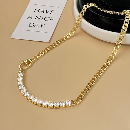 IMBOS 14K Gold Plated Chunky Chain Choker Necklaces for Women Chunky Gold Necklace Tennis Necklace for Women CZ Love Chain Cuban Link Choker Jewelry Gifts - color: Gold-Chunky Tennis