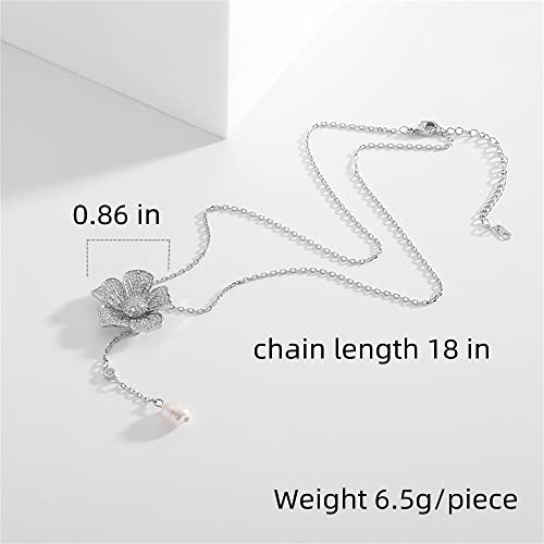 Crystal Flower Drop Y Necklace for Women Cubic Zirconia Diamond Shell Pearl Charms Pendant Choker Chain Adjustable Fashion Shiny Wedding Birthday Anniversary Jewelry Gift Box