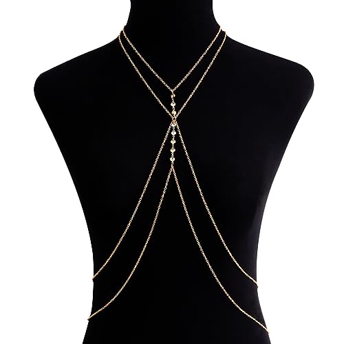 Body Chain Jewelry for Women, Layered Waist Chain for Bikinis | Sexy Body Jewelry, Adjustable Fit, Chest Belly Chain, Gold & Silver Options, Beach Vacation, Festivals Raves & Concerts - style: 8 Diamonds(Gold)
