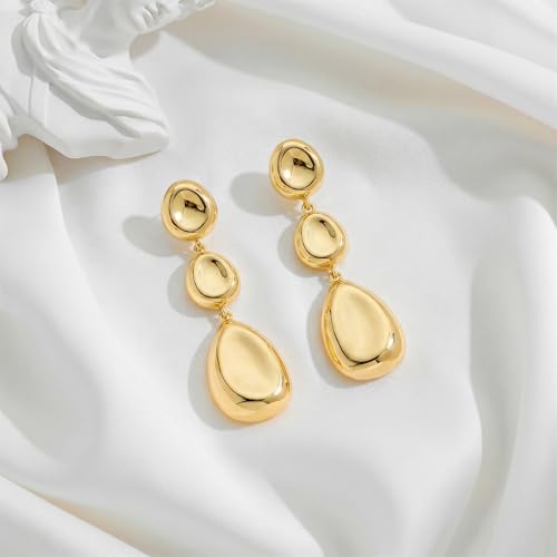 Gold Dangle Earrings for Women,Chunky 14K Gold Plated Drop Dangle Stud Earrings Long Statement Hammered Earring Hypoallergenic Jewelry for Women Gifts - style: Groove-GD