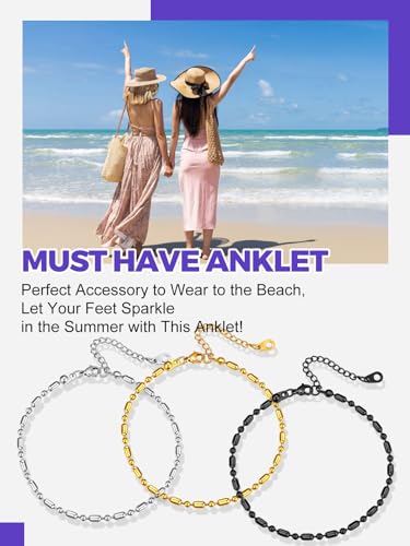 Richsteel Anklets for Women Cuban/Figaro/Spiga Wheat Chain Stainless Steel/18K Gold Plated Ankle Bracelet Beach Waterproof Foot Jewelry - color: Silver-Ball/Long Beaded Anklet