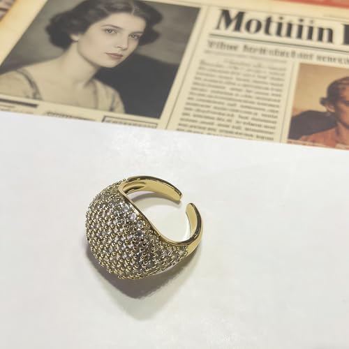 Luxury Dome Cubic Zirconia Adjustable Open Statement Ring for Women Men Gold-Tone Dainty Sparkly Crystal Colorful Rhinestone Geometry Statement Stacking Finger Band Wedding Party Fashion Jewelry - color: Golden