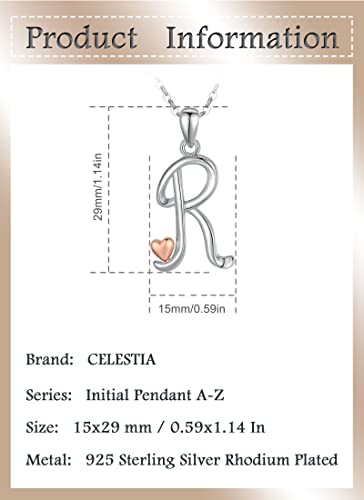 CELESTIA 925 Sterling Silver Initial Necklaces 26 Letter with Rose Gold Heart - 18 Inch Chain - color: R-Initial