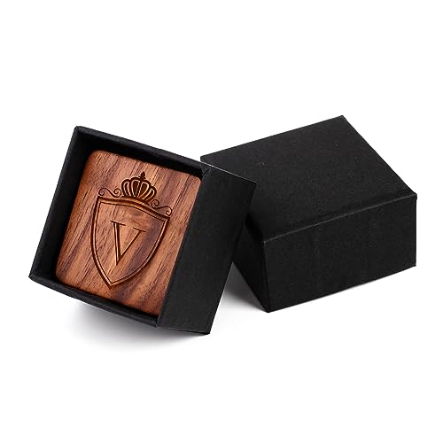 Mens Initial Silver Cufflinks A-Z Alphabet Letter Steel Cuff Links with Engraved Walnut Wood Box Groom Groomsman Wedding Set… - style: V