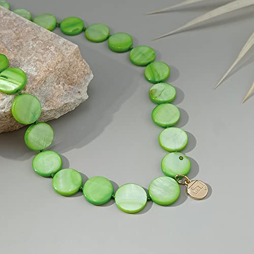 Firstmeet Flat Round Coin Shell Beads Long Knotted Necklace Natural Mother of Pearl Handmade Jewelry For Women - color: Green