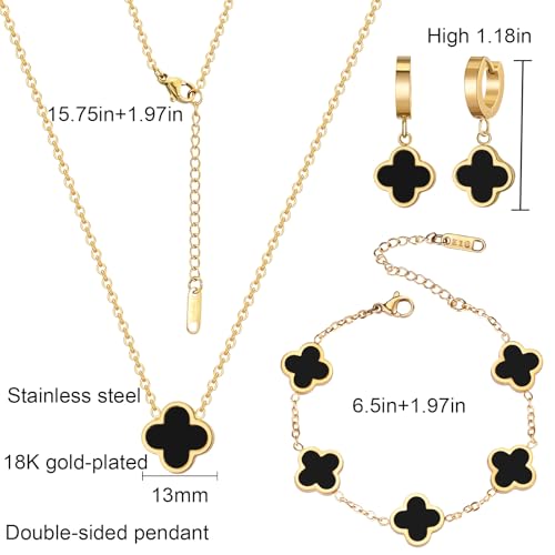 18K Gold Plated Lucky Clover Jewelry Set, Birthday Gifts for Women | Stainless Steel Hypoallergenic,Black White Red Four Leaf Clover Bracelet Necklace Earrings set, Daily Wear, Gifts for Women - color: Clover Set-Black