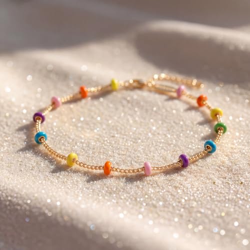 MEVECCO Anklet for Women Gold Chain 14K Gold Plated Dainty Boho Beach Summer Simple Foot Jewelry Ankle Bracelet - style: Enameled Multicolor Ball