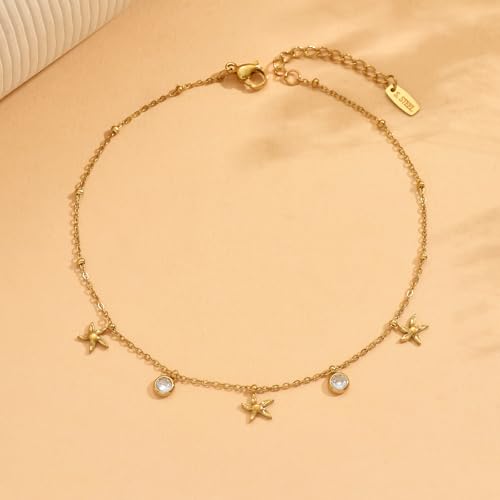 18K Gold Plated Waterproof Summer Beach Ankle Bracelets for Women | Starfish Sea Shell Pearls CZ Diamond Dangle Anklets - style: Starfish CZ Drop-Gold