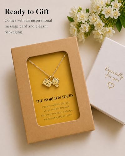 Zealmer Dainty 18K Gold Plated Compass World Map Pendant Necklace Graduation Gift for Friends - color: Suitcase