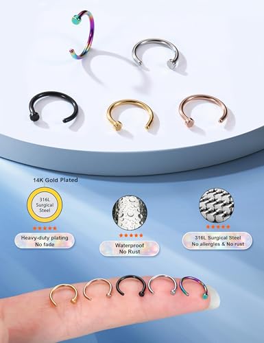 18G 20G 22G Nose Rings Hoops for Women Nose Piercing - Hypoallergenic 316L Stainless Steel Hoop Nose Rings Piercing Jewelry 5PCS Gold Silver Black Tone - color: 5mix color