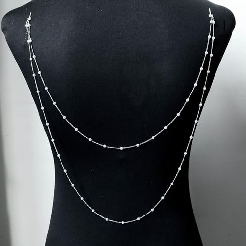 Pearl Back Chain Necklace Wedding Bridal Silver Gold Layered Backdrop Body Chain for Women Backless Dress - color: Silver