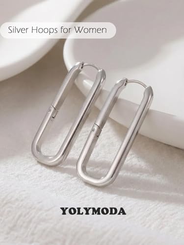 Medium Rectangle Silver Hoop Earrings in Stainless Steel for Women | Hypoallergenic Surgical Steel for Sensitive Ears Unique Lightweight Geometric Paperclip Earrings for Ladies Everyday Wear