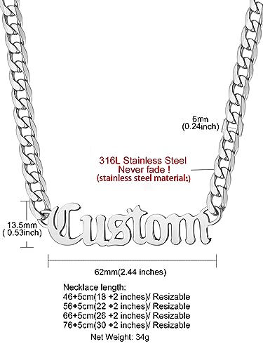 GoldChic JEWELRY Name Necklace Personalized for Men, Womens Custom Name Plate Chain, Stainless Steel Customized Old English Nameplate Choker with Curb Chains Custom, 16 inches to 30 inches - color: Cuban Chain 6 mm - Steel