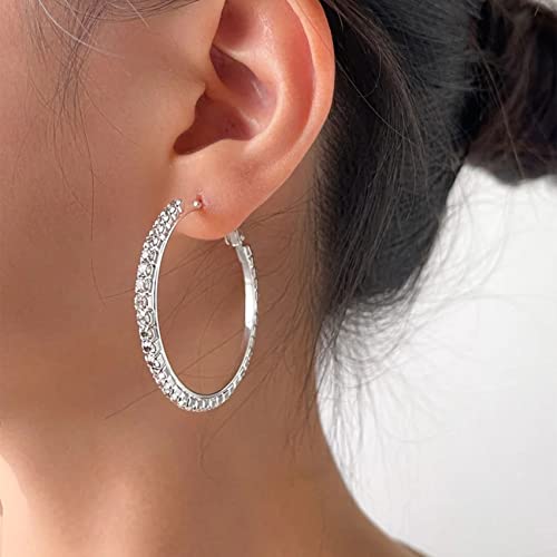 925 Sterling Silver Earrings Large Rhinestone Hoop Earrings Big Cubic Zirconia Hoop Earrings Thin Rhinestones Round Hoop Earrings for Women 20/30/40/50/60/70mm Sparkly Hoops With Crystals for Womens - color: Silver,30mm