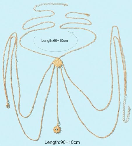 Gold Plated Body Chain for Women, Layered Bikini Waist Chain | Sexy Rhinestone Body Jewelry, Chest Belly Chain, Adjustable Fit, Crossover Design, Summer Beach Parties and Vacations - color: Gold11
