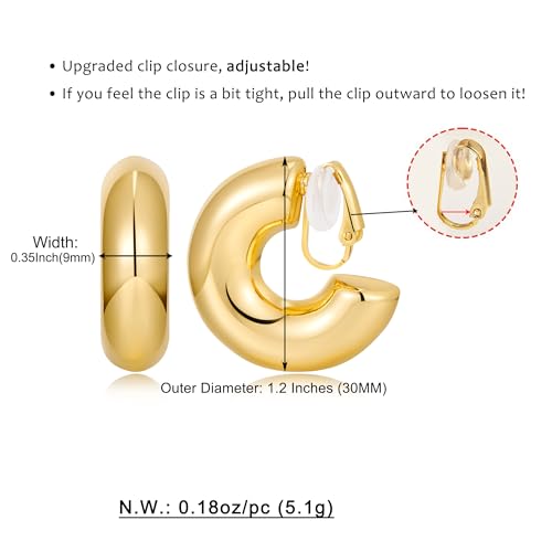 WOWORAMA Chunky Gold Hoop Clip On Earrings for Women | Large Chunky Hoops Clips Earrings, Polished Gold-Plated Clip-On Hoops, Statement Non Pierced Jewelry - color: 30mm Chunky Hoops