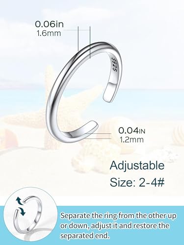 ChicSilver Toe Rings for Women 925 Sterling Silver Adjustable Toe Ring | 925 sterling silver, hypoallergenic for sensitive skin, adjustable open band, summer beach wear gift - color: E: 2mm Thin(1 pc)